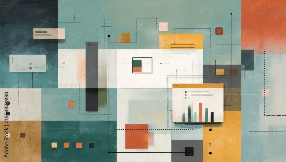 Aufkleber Abstract digital data visualization with charts graphs and colorful geometric shapes on textured background for technology and analytics concepts