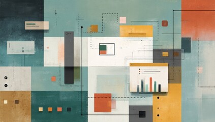Abstract digital data visualization with charts graphs and colorful geometric shapes on textured background for technology and analytics concepts