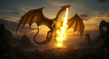 Obraz premium Golden Dragon Inferno Sunset