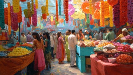 Vibrant and colorful outdoor flower market bustling with people selling and buying fresh blossoms under bright sunlight