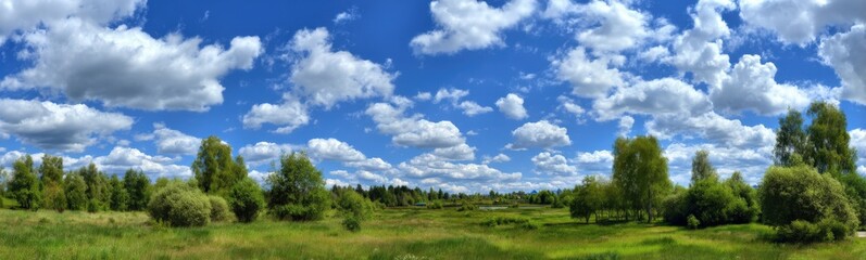 Obraz premium Serene Landscape of Green Fields and Tall Trees Under a Bright Blue Sky with Fluffy White Clouds on a Clear Summer Day
