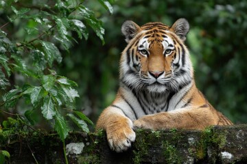 Obraz premium Majestic Bengal Tiger Resting on a Mossy Jungle Wall Surrounded by Dense Green Forest Foliage in Natural Habitat