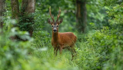 Majestic male deer with antlers standing in lush green forest surrounded by dense foliage and tall trees du daytime