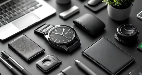 Overhead static shot: Office desk with business accessories in black and gray colors. - Powered by Adobe