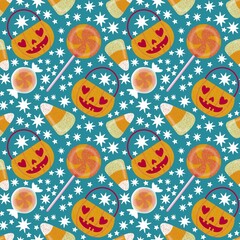 Autumn harvest vegetable seamless monster Halloween pumpkins pattern for wrapping paper and fabrics