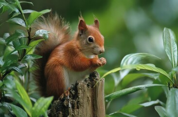 Obraz premium Close-up of a Curious Small Red Squirrel Sitting on a Tree Stump in a Dense Green Forest Environment with Bright Natural Lighting