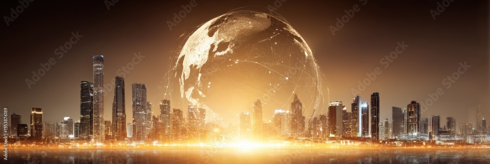 Poster futuristic cityscape with towe skyscrapers illuminated at night beneath a large glowing earth with d
