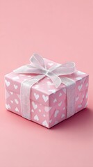 Obraz premium Gift Box Wrapped in Pink Paper With White Hearts and a Decorative Ribbon on Soft Pink Background.