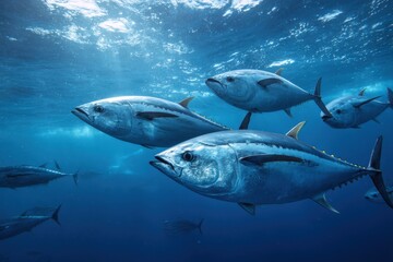Naklejka premium Schools of Large Tuna Fish Swimming in Ocean Underwater Scene with Blue Water Light Rays and Marine Life