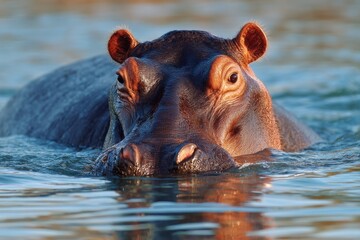 Fototapeta premium Hippo partially submerged in water du daytime with sunlight reflecting on water surface, showcasing wildlife in natural habitat
