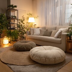 Cozy modern living room interior with soft neutral tones warm lighting plush sofa multiple cushions indoor plants elegant decor relaxing ambiance