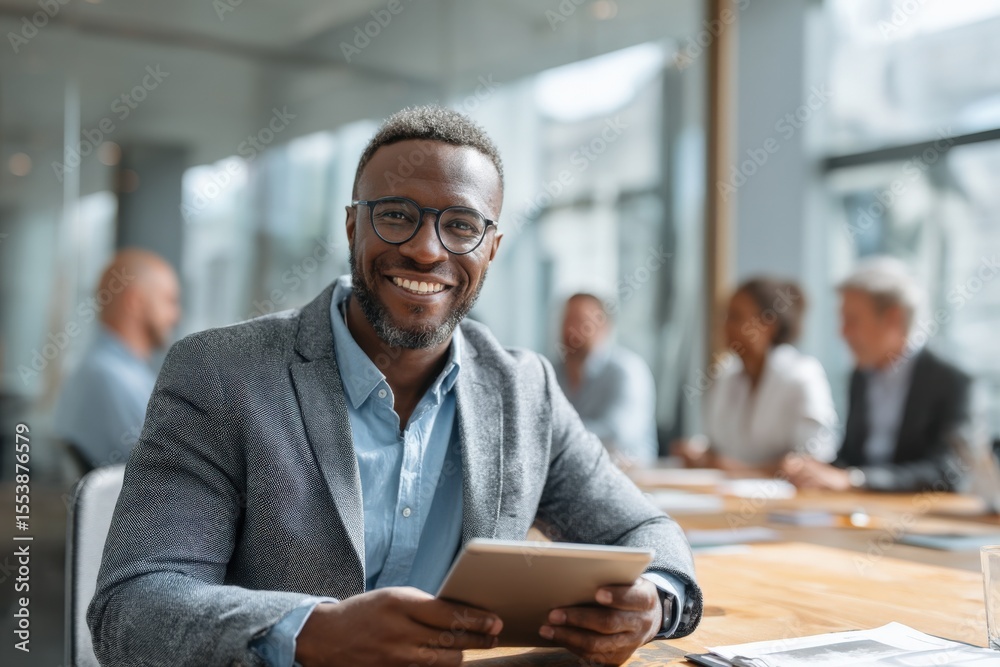 Poster professional businessman smiling using digital tablet in modern office with diverse colleagues in ba