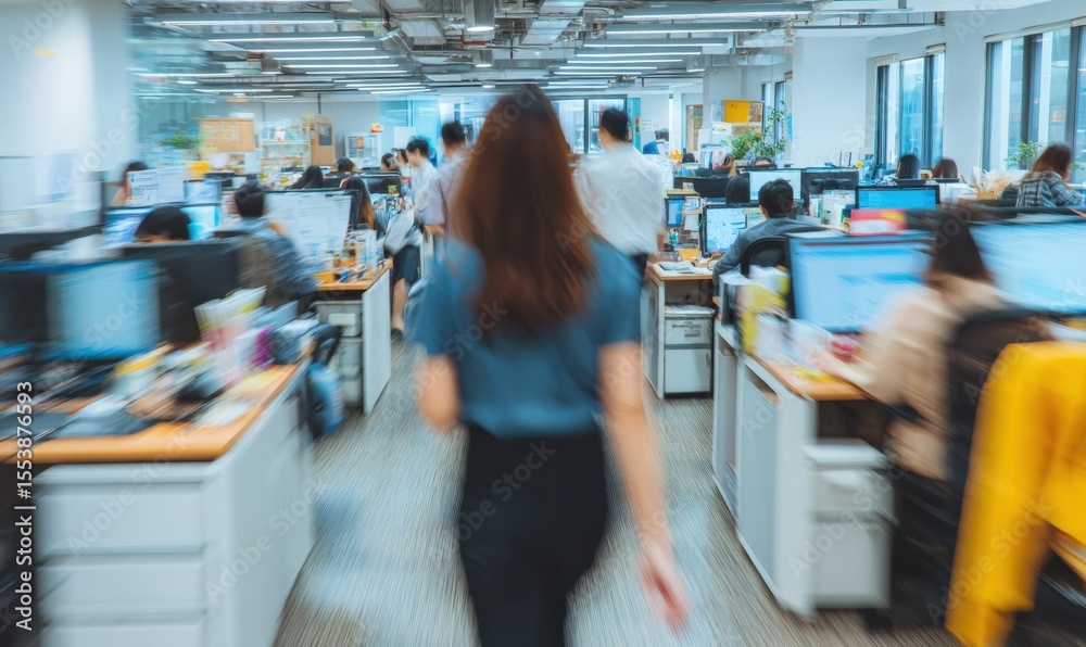 Poster Busy modern open-plan office environment with employees working at desks using computers and technology in a professional workplace setting