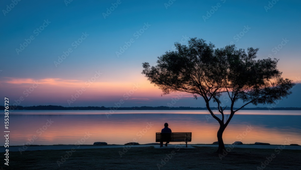 Poster serene sunset over calm lake with a solitary person sitting on a bench under a large tree du twiligh