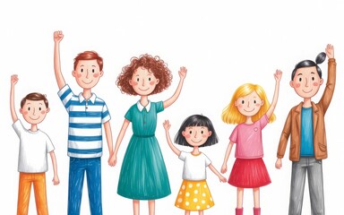 Cheerful cartoon family illustration with diverse children and parents raising their arms in a welcoming gesture, perfect for family themes