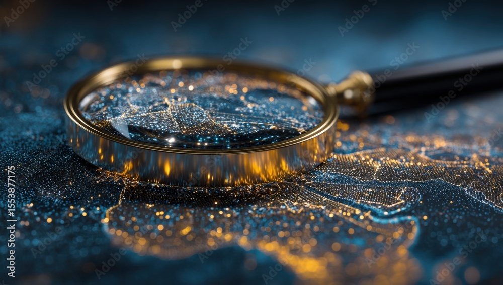 Poster close-up of a gold magnifying glass with a black handle examining sparkling glitter particles on a d