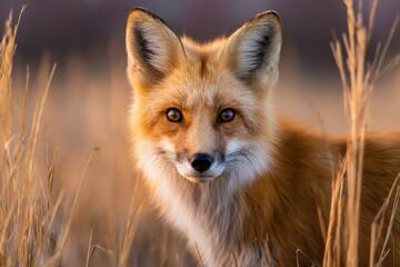 Fototapeta premium Close-up of a Red Fox in Tall Grass Du Golden Hour in a Natural Field Setting with Soft Background Blur