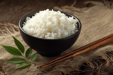 Close-up of a black ceramic bowl filled with fluffy white steamed rice on rustic fabric with green leaves and wooden chopsticks for Asian cuisine or meal presentation
