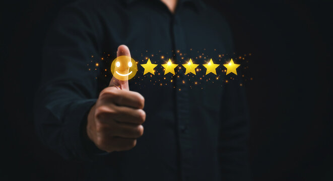 Customer's Thumbs Up: A person gives a thumbs up with five gold stars, highlighting the satisfaction of the customer and excellent services.