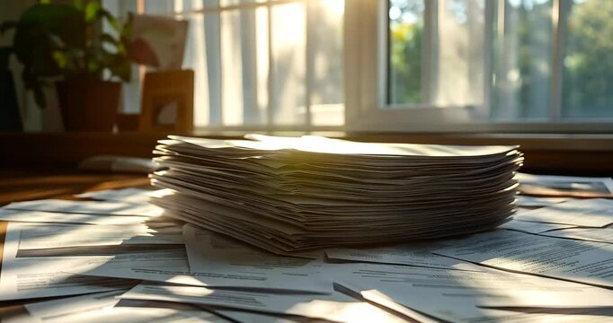 Stack of papers on a desk, sunlight streaming through a nearby window.