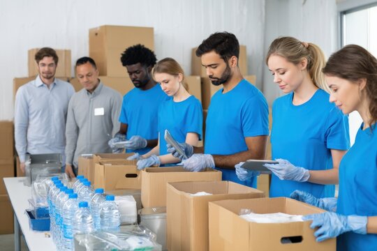 Diverse group of volunteers and workers packing bottled water and supplies in a well-lit modern warehouse for distribution and aid