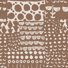 Calm scribble floral minimal shape seamless pattern. Gender neutral baby nursery natural brown linen decor background. Scandi style sketch doodle wallpaper in decorative kid fashion swatch. 