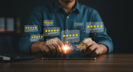 Digital Feedback and User Experience: A person is seen interacting with an augmented reality interface, hovering over a tablet, highlighting positive reviews and emphasizing user satisfaction. 