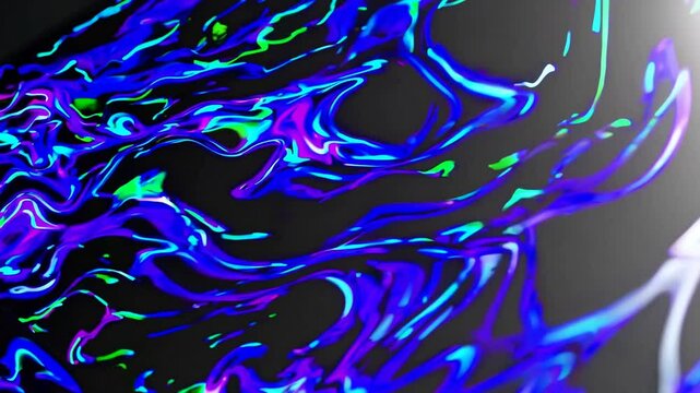 Vibrant abstract fluid background with glowing blue, green, and purple streaks on dark surface.