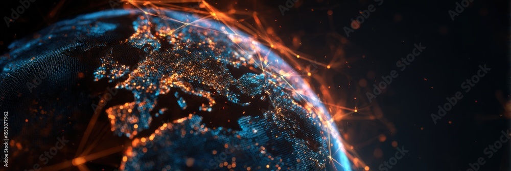 Poster highly detailed digital earth globe showing interconnected technology networks and illuminated globa