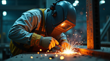 Indoor welding scene showing close-up of worker with mask and gloves, intense electric arc and flying sparks during metalwork