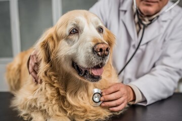 Friendly Golden Retriever Dog Receiving Veterinary Examination Consulting with Veterinarian in Clinic or Animal Hospital Setting