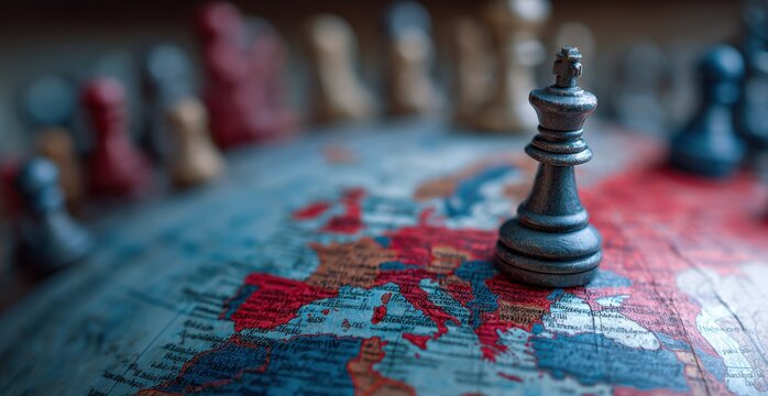 Detailed close-up of a single black king chess piece standing on a colorful world map with multiple chess pieces in the background symbolizing strategy and global play