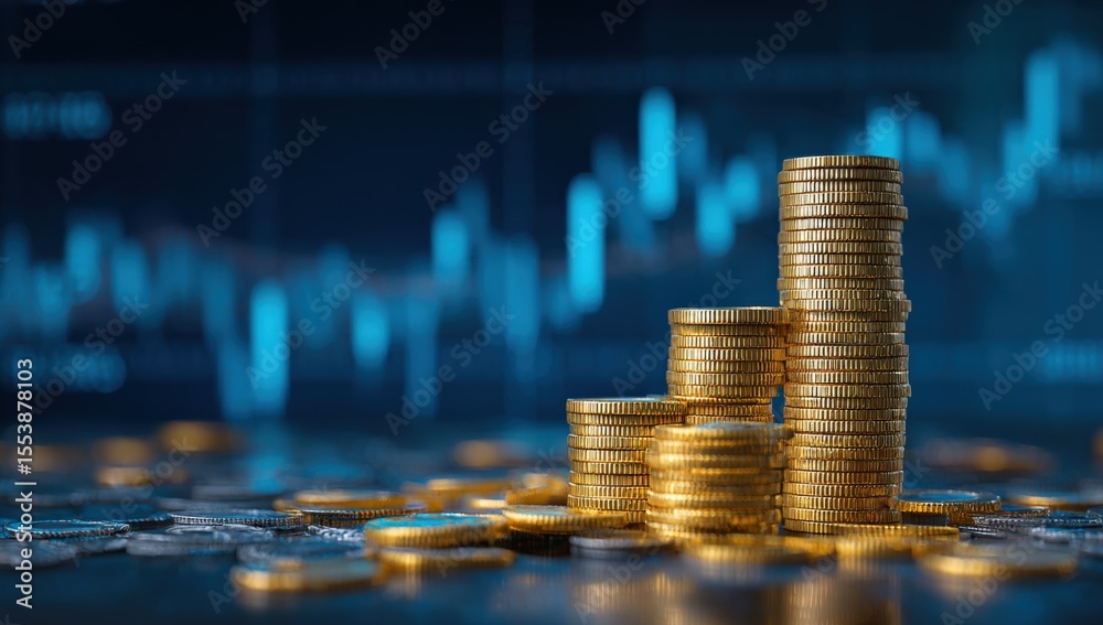 Aufkleber Close-up of stacked coins on a financial graph background showing growth and investment success with blue chart lines and digital data