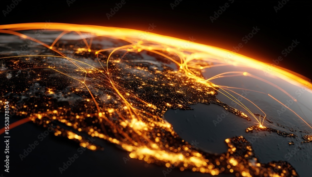 Poster Vibrant illuminated world map at night with glowing interconnected lines representing global communication and network connectivity
