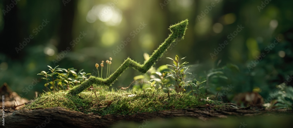 Poster close-up of a tiny green caterpillar on moss-covered log in a lush vibrant forest setting with soft 