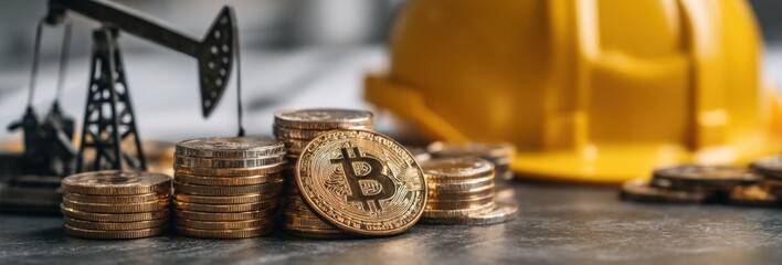 Detailed close-up of physical Bitcoin coins stacked with oil pumpjack and construction helmet in background symbolizing cryptocurrency and energy sectors