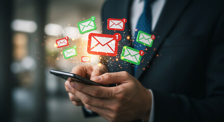 Digital Communication: A businessman in a suit, engrossed in his phone, digital email notifications popping up, illustrating a scene of modern business and connection.