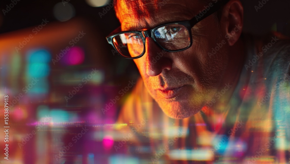 Poster close-up of a focused man wea glasses working on a digital circuit board with colorful blinking ligh