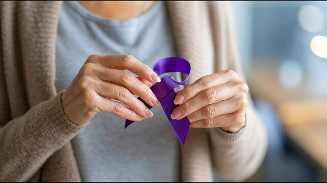 Woman holding purple Ribbon for supporting people with Pancreatic Cancer, world Alzheimer, epilepsy, lupus