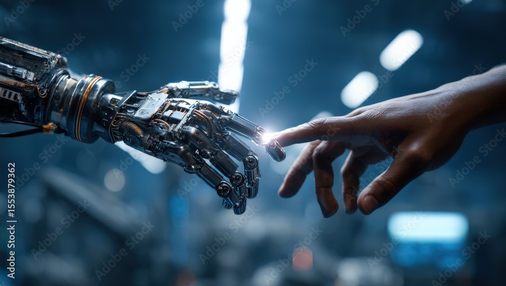 Poster Human Hand Reaching Out to Robotic Hand Touching in Futuristic Technology Concept with Artificial ligence and Robotics