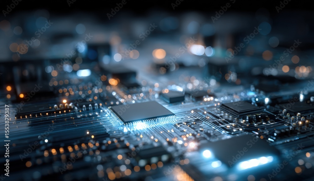 Aufkleber high-tech electronic circuit board with microchips and glowing blue lights in a futuristic technolog
