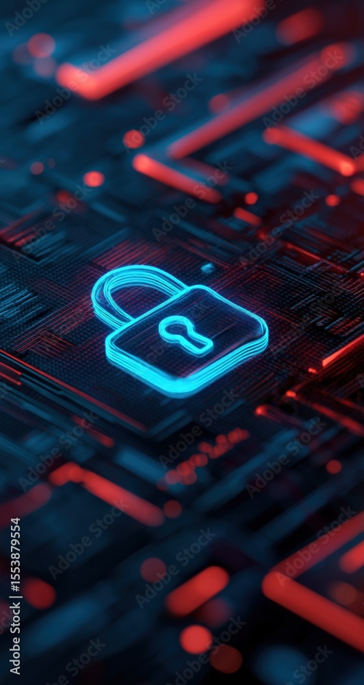 Poster futuristic digital illustration of a glowing blue padlock icon on a high-tech circuit board represen