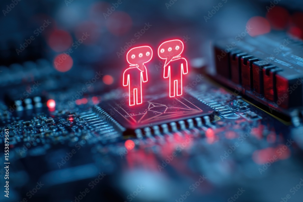 Poster Close-up of two neon line art figures chatting on a digital circuit board with analytics and technology icons in futuristic cyber environment