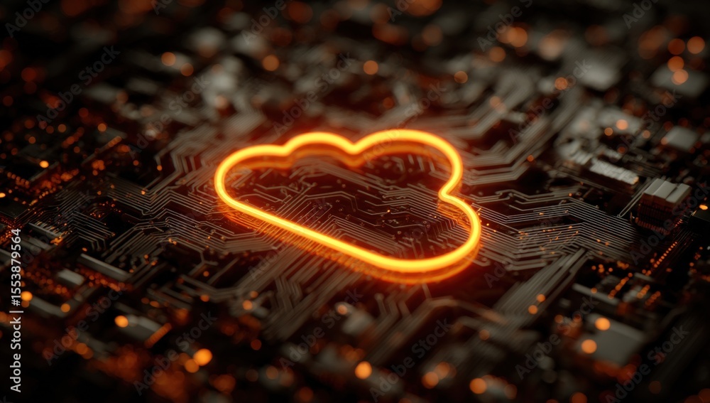 Aufkleber Digital cloud computing technology concept with neon cloud icon glowing on circuit board background in high resolution futuristic digital environment