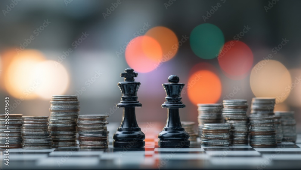 Poster chess pieces and stacks of coins symbolizing financial strategy investment wealth and economic growt