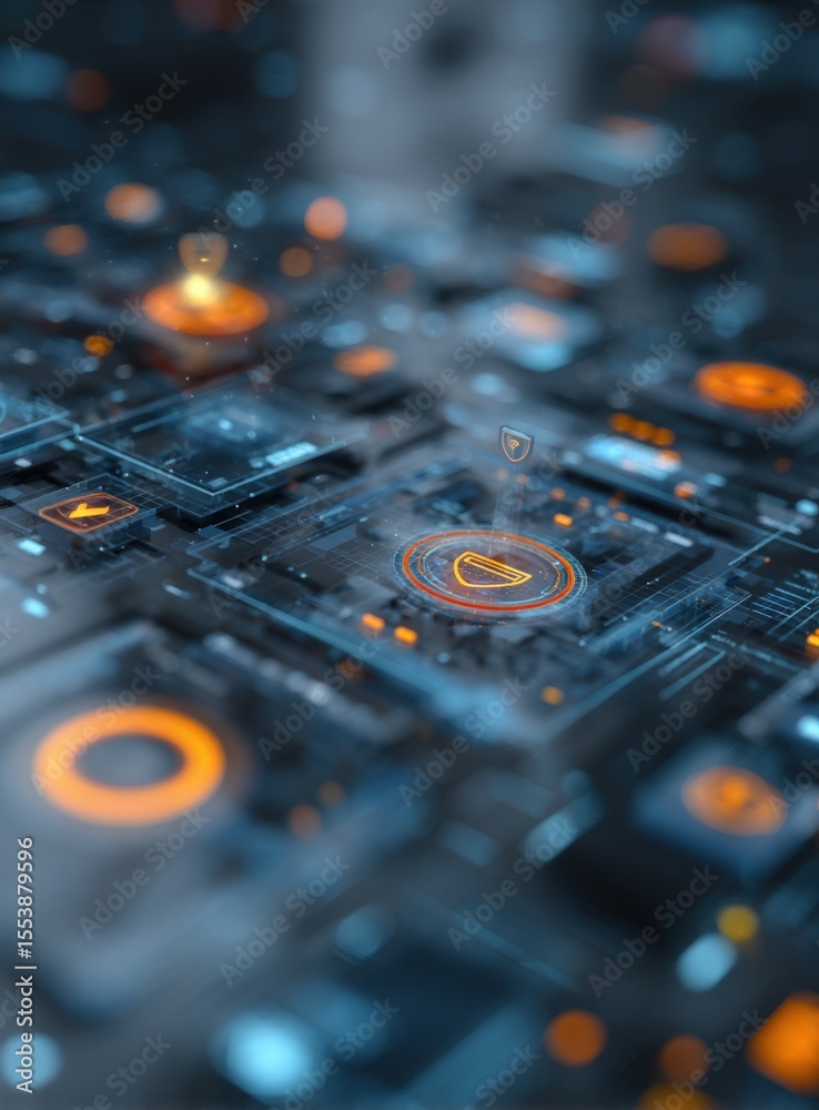 Poster close-up of a futuristic digital circuit board with glowing orange and blue elements illustrating ad