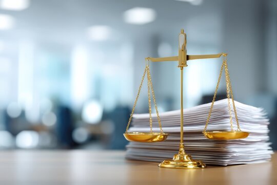 Professional legal office environment with golden balance scales atop stacks of documents and papers representing justice and law