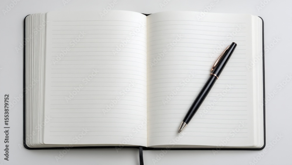 Poster open blank notebook with lined pages and a black pen lying across the center, ideal for writing, not