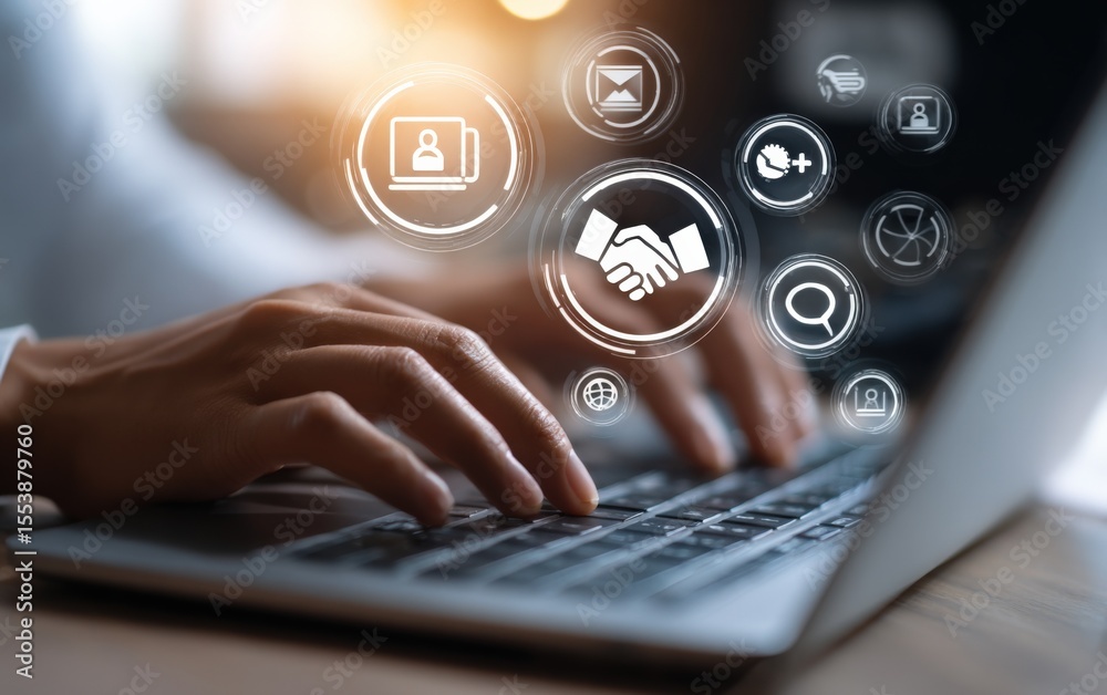 Poster Modern person using laptop with digital icons representing online communication social networking and technology concepts in a futuristic style
