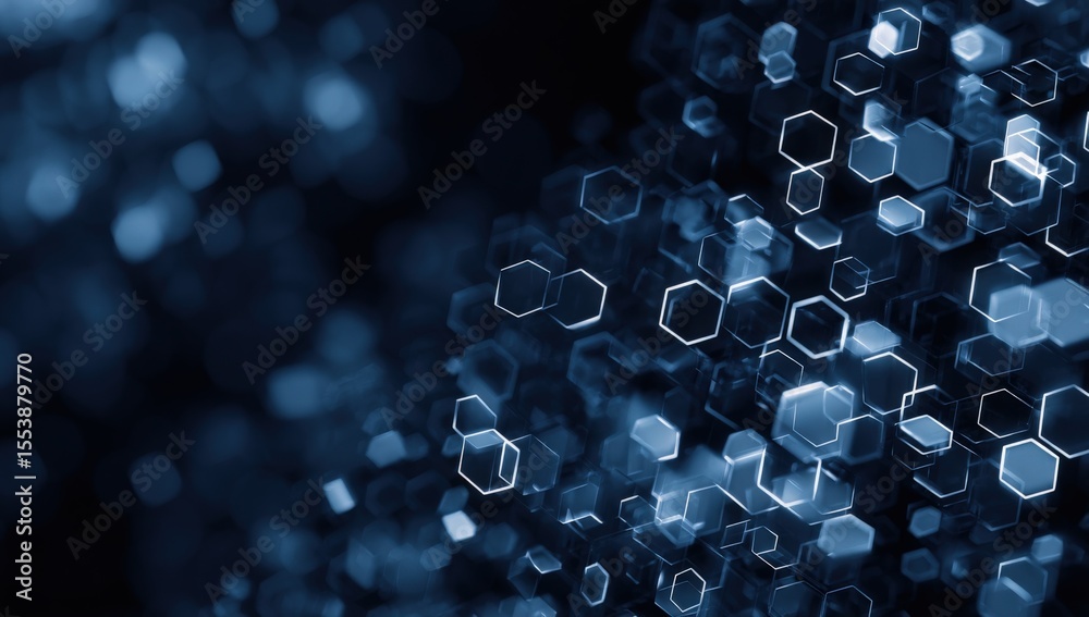 Aufkleber Highly detailed futuristic abstract digital background with interconnected glowing hexagons and floating geometric shapes in dark blue tones